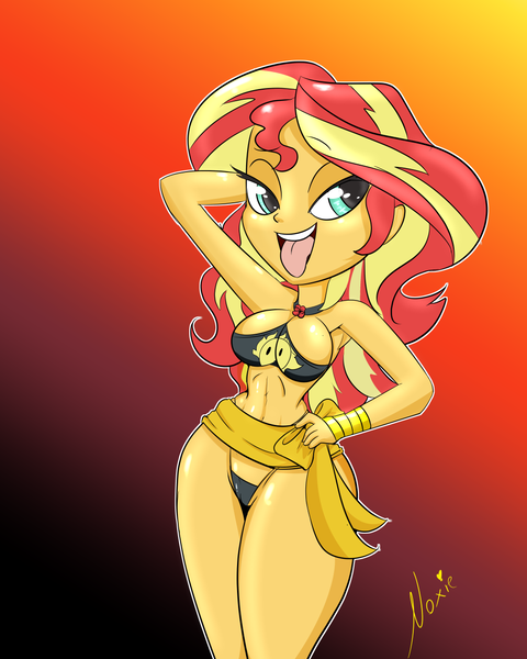 Size: 1000x1250 | Tagged: questionable, artist:noxiedraws, derpibooru import, sunset shimmer, equestria girls, equestria girls series, forgotten friendship, arm behind head, armpits, bedroom eyes, bikini, black swimsuit, breasts, busty sunset shimmer, cameltoe, choker, cleavage, clothes, hand on hip, pinup, redraw, sarong, sexy, stupid sexy sunset shimmer, summer sunset, swimsuit, thong swimsuit, tongue out, wingding eyes