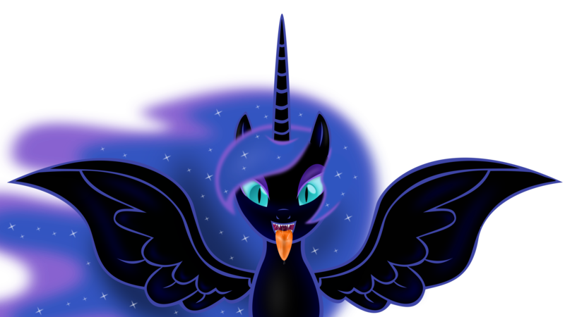 Size: 7200x4050 | Tagged: suggestive, artist:emu34b, derpibooru import, nightmare moon, alicorn, pony, absurd resolution, drool, fangs, female, lidded eyes, looking at you, mare, mawshot, missing accessory, open mouth, sharp teeth, show accurate, simple background, slit eyes, smiling, solo, solo female, spread wings, teeth, tongue out, transparent background, uvula, vector, wings