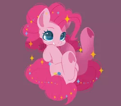 Size: 1600x1402 | Tagged: safe, artist:snow angel, derpibooru import, pinkie pie, earth pony, pony, colored pupils, cute, diapinkes, female, grin, heart, heart hoof, mare, purple background, simple background, sitting, smiling, solo, sparkles, underhoof