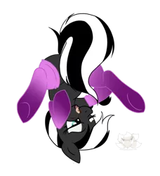 Size: 853x936 | Tagged: suggestive, artist:stagetechyart, derpibooru import, oc, oc:lelannie darkmane, pony, skunk, skunk pony, checkered background, chocolate, clothes, food, green eyes, licking, licking lips, multicolored hair, no source available, purple socks, simple background, skunk stripe, skunk tail, socks, solo, tongue out, upside down, white eye-liner