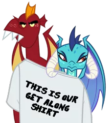 Size: 651x710 | Tagged: artist:queencold, clothes, derpibooru import, dragon, dragoness, duo, female, funny, garble, get along shirt, hilarious, male, princess ember, safe, shirt, simple background, teenaged dragon, transparent background