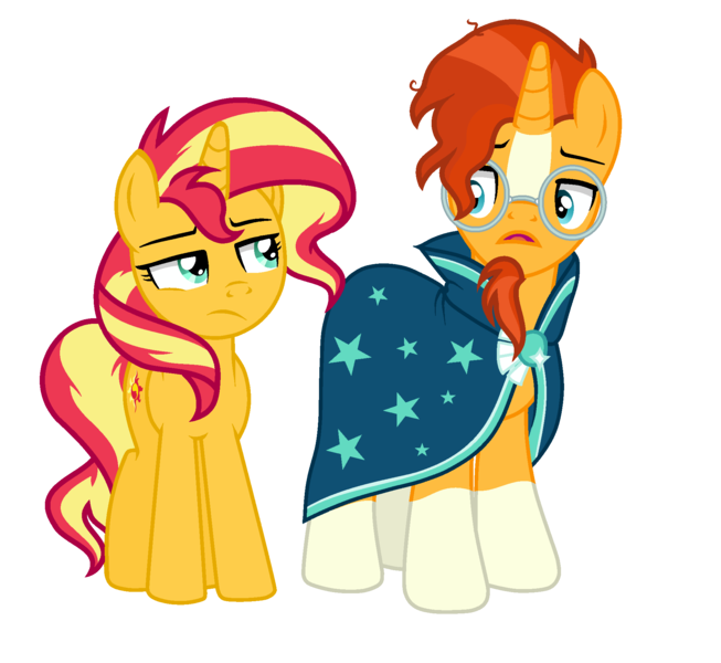 Size: 2000x1837 | Tagged: safe, artist:s-oujiisan, artist:winter-scarf, derpibooru import, sunburst, sunset shimmer, pony, unicorn, brother and sister, clothes, colored, cutie mark, facial hair, female, flat colors, goatee, male, show accurate, siblings, similarities, simple background, socks (coat marking), sunny siblings, transparent background, updated