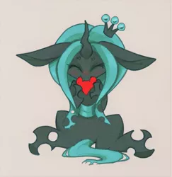Size: 951x978 | Tagged: artist:yotsushiri, blushing, changeling, colored, crown, cute, cutealis, derpibooru import, flat colors, floppy ears, heart, jewelry, love, nom, queen chrysalis, regalia, safe, simple background, sitting, soft color, solo