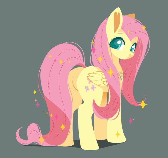 Size: 1500x1415 | Tagged: safe, artist:snow angel, derpibooru import, fluttershy, pegasus, pony, butt, colored pupils, cute, featureless crotch, female, gray background, looking at you, looking back, looking back at you, mare, plot, rear view, shyabetes, simple background, smiling, solo, sparkles