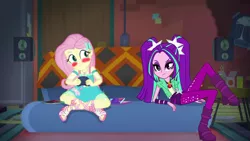 Size: 1920x1080 | Tagged: safe, artist:bigpurplemuppet99, artist:mit-boy, derpibooru import, edit, edited screencap, screencap, aria blaze, fluttershy, equestria girls, equestria girls series, game stream, spoiler:eqg series (season 2), ariashy, blushing, female, flutterblaze, lesbian, shipping