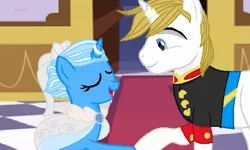 Size: 1287x772 | Tagged: safe, artist:tharaxia, derpibooru import, prince blueblood, trixie, pony, bluetrix, clothes, dress, female, male, marriage, shipping, straight, wedding, wedding dress