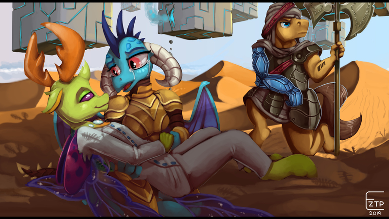 Size: 4000x2250 | Tagged: safe, artist:eztp, derpibooru import, caramel, princess ember, thorax, anthro, changedling, changeling, dragon, earth pony, unguligrade anthro, amputee, armor, axe, caramel is awesome, commission, crystal, cube, desert, dragoness, embrax, female, interspecies, king thorax, looking at each other, male, prosthetic limb, prosthetics, shipping, straight, weapon