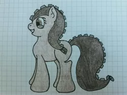 Size: 4128x3096 | Tagged: safe, artist:juani236, derpibooru import, oc, oc:couchry desim, unofficial characters only, earth pony, pony, brown hair, brown skin, graph paper, happy, smiling, solo, traditional art, zipper