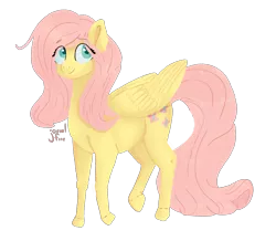 Size: 1923x1674 | Tagged: safe, artist:jovialfire, derpibooru import, fluttershy, pegasus, pony, female, folded wings, looking away, looking up, mare, simple background, smiling, solo, standing, three quarter view, transparent background, wings