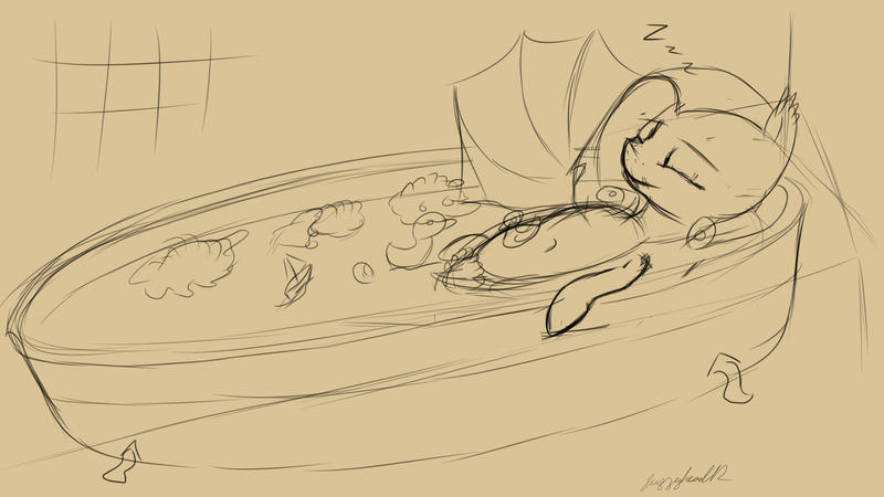 Size: 1920x1080 | Tagged: safe, artist:fuzzyhead12, derpibooru import, oc, bat pony, pony, bat pony oc, bat wings, bath, bathtub, rubber duck, sketch, sleeping, wings