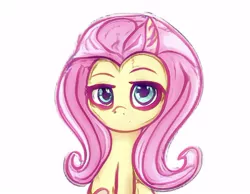 Size: 512x397 | Tagged: safe, artist:aerial, derpibooru import, fluttershy, pony, artificial intelligence, bags under eyes, bust, computer generated, female, lidded eyes, looking at you, machine learning, mare, simple background, solo, tired, white background