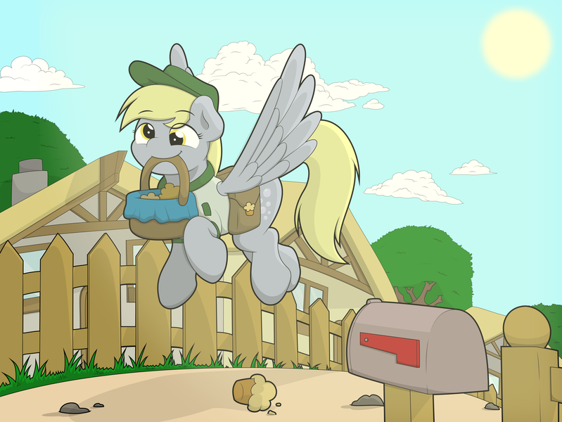 Size: 8077x6066 | Tagged: safe, artist:ljdamz1119, derpibooru import, derpy hooves, pony, bag, basket, cloud, cute, derpabetes, eye clipping through hair, female, fence, flying, food, house, mailbox, mare, mouth hold, muffin, saddle bag, smiling, solo, spread wings, sun, that pony sure does love muffins, wings