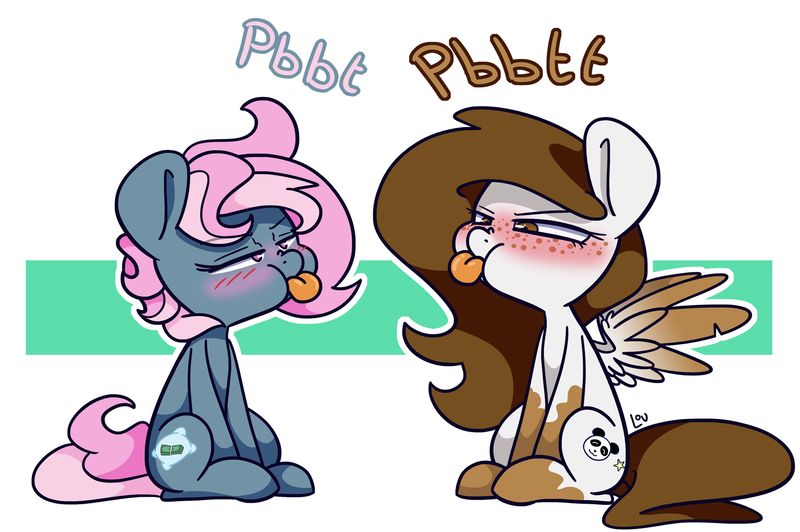 Size: 1562x1038 | Tagged: safe, artist:lou, derpibooru import, oc, oc:dusty star major, oc:juicy dream, pegasus, pony, blushing, cute, female, onomatopoeia, raspberry, raspberry noise, shipping, tongue out