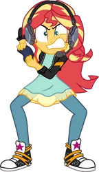 Size: 1414x2452 | Tagged: safe, artist:frownfactory, derpibooru import, sunset shimmer, equestria girls, equestria girls series, game stream, spoiler:eqg series (season 2), .svg available, angry, clothes, controller, converse, dress, faic, gaming, headphones, headset, headset mic, jacket, leather jacket, pants, psycho gamer sunset, red hair, shoes, simple background, sneakers, solo, svg, transparent background, vector