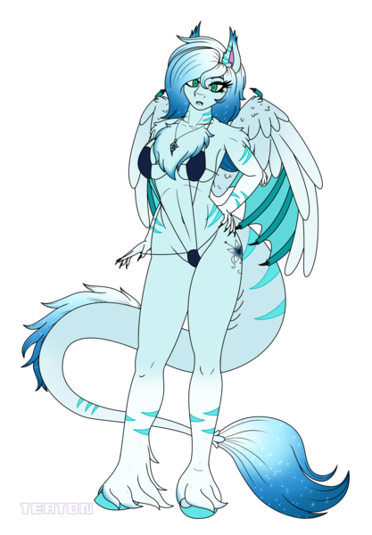 Size: 1600x2300 | Tagged: suggestive, artist:tertonda, deleted from derpibooru, derpibooru import, oc, oc:artic blitz, unofficial characters only, anthro, bat pony, pegasus, unguligrade anthro, anthro oc, bat pony oc, bat wings, bikini, breasts, claws, clothes, commission, fangs, female, gift art, leonine tail, mare, micro bikini, swimsuit, unshorn fetlocks, wings