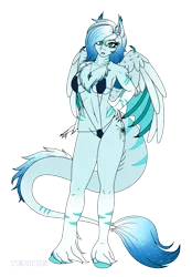 Size: 1600x2300 | Tagged: suggestive, artist:tertonda, deleted from derpibooru, derpibooru import, oc, oc:artic blitz, unofficial characters only, anthro, bat pony, pegasus, unguligrade anthro, anthro oc, bat pony oc, bat wings, bikini, breasts, claws, clothes, commission, fangs, female, gift art, leonine tail, mare, micro bikini, swimsuit, unshorn fetlocks, wings