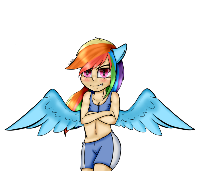 Size: 1200x1000 | Tagged: artist:crazysurprise, breasts, cameltoe, cleavage, clothes, derpibooru import, eared humanization, female, human, humanized, questionable, rainbow dash, simple background, solo, solo female, white background, winged humanization, wings