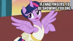 Size: 616x346 | Tagged: safe, derpibooru import, edit, edited screencap, screencap, twilight sparkle, twilight sparkle (alicorn), alicorn, pony, a royal problem, ballerina, caption, clothes, exploitable meme, horn, image macro, impact font, implied middle finger, meme, memegenerator, old joke, out of context, solo, text, tutu, tutu cute, twilarina, wings