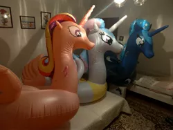 Size: 4032x3024 | Tagged: safe, artist:arniemkii, derpibooru import, princess cadance, princess celestia, princess luna, alicorn, horse, inflatable pony, pony, unicorn, bootleg, horseplay, inflatable, inflatable toy, inflation, pool toy