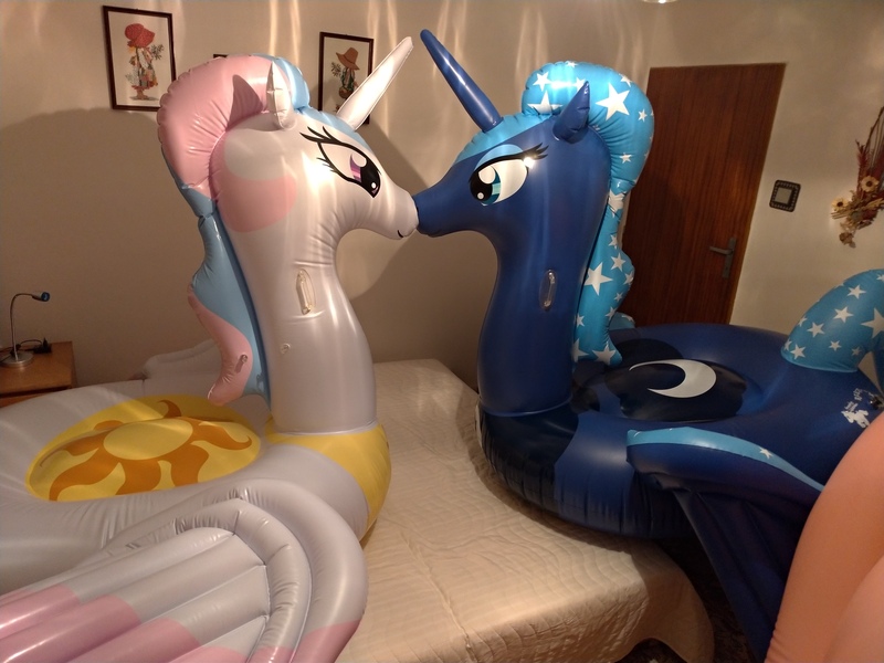 Size: 4032x3024 | Tagged: safe, artist:arniemkii, derpibooru import, princess cadance, princess celestia, princess luna, alicorn, horse, inflatable pony, pony, unicorn, bootleg, horseplay, inflatable, inflatable toy, inflation