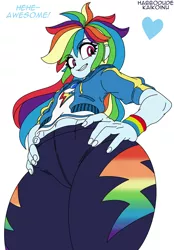 Size: 1316x1889 | Tagged: suggestive, artist:habbodude, artist:kaikoinu, derpibooru import, edit, rainbow dash, equestria girls, belly, belly button, breasts, clothes, colored, cutie mark, cutie mark on clothes, delicious flat chest, female, hands on waist, happy, heart, hoodie, leggings, looking at you, low angle, nails, pants, rainbow flat, shirt, simple background, smiling, solo, solo female, text, tight clothing, white background, wide hips, yoga pants