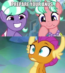 Size: 600x675 | Tagged: suggestive, derpibooru import, edit, edited screencap, screencap, smolder, stepford ponies, dragon, earth pony, pony, unicorn, what lies beneath, :i, caption, dragoness, female, frown, grin, image macro, mare, prepare your anus, smiling, squee, text, wide eyes