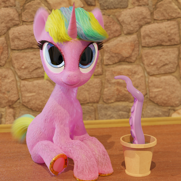 Size: 1920x1920 | Tagged: safe, artist:gabe2252, derpibooru import, oc, oc:constant time, pony, unicorn, 3d, blender, cycles, eyelashes, horseshoes, multicolored hair, pot, sitting, tentacles