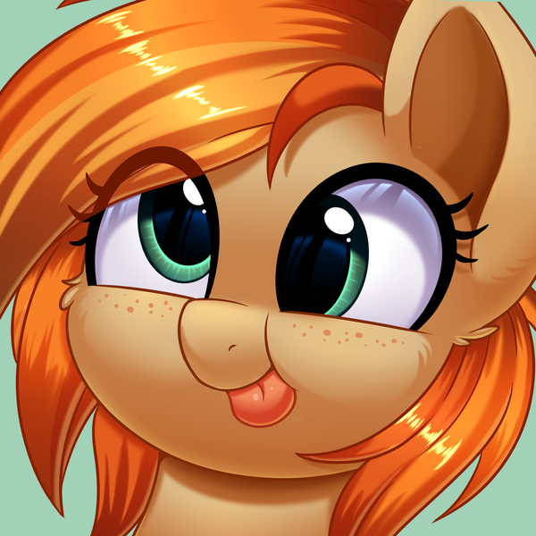 Size: 1160x1160 | Tagged: safe, artist:thegamblehorse, deleted from derpibooru, derpibooru import, oc, oc:parlay, unofficial characters only, earth pony, pony, :p, bust, cheek fluff, close-up, cross-eyed, cute, derp, ear fluff, eye clipping through hair, female, freckles, green background, head only, mare, ocbetes, portrait, silly, silly pony, simple background, solo, tongue out