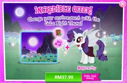 Size: 1041x679 | Tagged: safe, derpibooru import, idw, official, rarity, alicorn, bat pony, bat pony alicorn, pony, spoiler:comic, spoiler:comic33, advertisement, alicornified, bat ponified, bat wings, cloak, clothes, costs real money, crack is cheaper, female, gameloft, horn, mare, night, race swap, raribat, raricorn, solo, town hall, wings