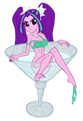 Size: 2773x4030 | Tagged: suggestive, artist:edcom02, artist:jmkplover, derpibooru import, aria blaze, equestria girls, bottomless, bra, breasts, clothes, female, green underwear, looking at you, martini glass, panties, panties around leg, panties pulled down, partial nudity, resting bitch face, sexy, solo, solo female, underwear