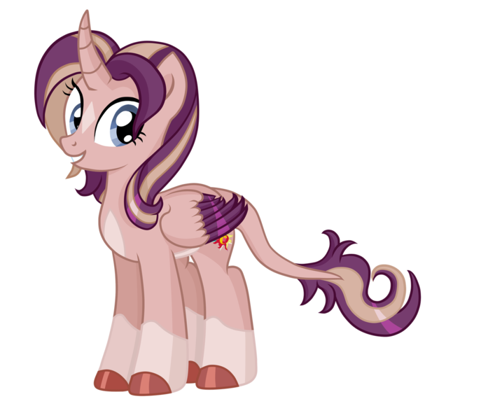 Size: 1280x1118 | Tagged: safe, artist:n0kkun, derpibooru import, oc, oc:shimmering spectacle, unofficial characters only, alicorn, pony, unicorn, alicorn oc, cloven hooves, colored wings, colored wingtips, curved horn, cutie mark, female, hair over one eye, horn, leonine tail, looking at you, magical lesbian spawn, magical threesome spawn, mare, markings, multicolored wings, multiple parents, offspring, pale belly, parent:starlight glimmer, parent:sunset shimmer, parent:twilight sparkle, parents:twishimmerglimmer, redesign, simple background, socks (coat marking), solo, star (coat marking), transparent background, unshorn fetlocks, vector, wings