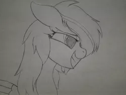 Size: 2016x1512 | Tagged: safe, artist:straighttothepointstudio, derpibooru import, oc, oc:fracturedheart, unofficial characters only, pegasus, pony, bedroom eyes, black and white, cute, drawing, female, grayscale, long mane, mare, messy mane, monochrome, smiling, solo, traditional art