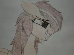 Size: 2016x1512 | Tagged: safe, artist:straighttothepointstudio, derpibooru import, edit, oc, oc:fracturedheart, unofficial characters only, pegasus, pony, bedroom eyes, brown eyes, brown mane, colored, cute, drawing, female, long mane, mare, messy mane, smiling, solo, traditional art