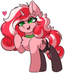 Size: 1810x2034 | Tagged: safe, artist:drawtheuniverse, derpibooru import, oc, oc:peppy revvy, unofficial characters only, pony, unicorn, chest fluff, choker, clothes, ear fluff, female, heart, mare, outline, raised hoof, simple background, smiling, socks, solo, transparent background