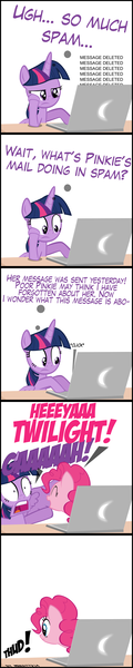 Size: 2000x10000 | Tagged: safe, artist:mrkat7214, derpibooru import, pinkie pie, twilight sparkle, twilight sparkle (alicorn), alicorn, pony, comic:twilight vs. computer, absurd resolution, comic, computer, laptop computer, pinkie being pinkie, pinkie physics