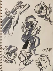 Size: 1536x2048 | Tagged: safe, artist:colorfulcolor233, derpibooru import, bulk biceps, cloudchaser, derpy hooves, flitter, rainbow dash, spitfire, pegasus, pony, clothes, female, flying, male, mare, monochrome, simple background, smiling, stallion, traditional art, uniform, wonderbolts uniform