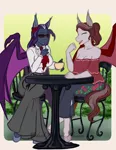 Size: 2550x3300 | Tagged: safe, artist:blackblood-queen, derpibooru import, oc, oc:indigo rose, oc:scarlet quill, unofficial characters only, anthro, bat pony, unguligrade anthro, anthro oc, bat pony oc, bat wings, chair, clothes, coffee, commission, conversation, crossed legs, cup, eyes closed, fangs, female, friends, long skirt, mare, off shoulder, signature, skirt, smiling, sunglasses, table, talking, wings