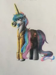 Size: 955x1280 | Tagged: safe, artist:colorfulcolor233, derpibooru import, princess celestia, alicorn, pony, clothes, colored pencil drawing, drinking, female, i hate mondays, levitation, magic, mare, mug, simple background, solo, telekinesis, traditional art