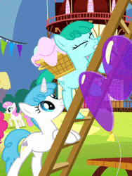 Size: 300x399 | Tagged: safe, derpibooru import, edit, edited screencap, screencap, lightning bolt, spring melody, sprinkle medley, twinkleshine, white lightning, earth pony, pony, unicorn, pinkie pride, :o, ambiguous penetration, animated, animation error, background pony, balloon, climbing, cutie mark, eyes closed, female, gif, gritted teeth, headbutt, horn, implied horn penetration, implied penetration, ladder, mare, misleading thumbnail, not what it looks like, open mouth, out of context, pushing, race swap, rump push, smiling, struggling, surprised