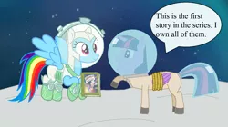 Size: 1371x770 | Tagged: safe, artist:guihercharly, derpibooru import, daring do, rainbow dash, twilight sparkle, twilight sparkle (alicorn), alicorn, pony, spoiler:comic, astrodash, astronaut, book, caption, clothes, costume, helmet, image macro, rope, space, spacesuit, tail helmet, text