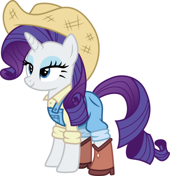 Size: 1450x1500 | Tagged: safe, artist:cloudyglow, derpibooru import, rarity, ponified, pony, unicorn, equestria girls, equestria girls series, five to nine, boots, clothes, cowboy boots, cowboy hat, cowgirl, cowgirl outfit, equestria girls ponified, female, hat, lidded eyes, mare, overalls, shoes, smiling, solo