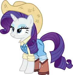 Size: 1450x1500 | Tagged: safe, artist:cloudyglow, derpibooru import, rarity, ponified, pony, unicorn, equestria girls, equestria girls series, five to nine, boots, clothes, cowboy boots, cowboy hat, cowgirl, cowgirl outfit, equestria girls ponified, female, hat, lidded eyes, mare, overalls, shoes, smiling, solo