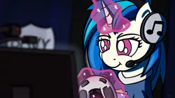 Size: 1280x720 | Tagged: safe, artist:ashtoneer, derpibooru import, vinyl scratch, pony, unicorn, clothes, controller, female, headphones, headset, jersey, levitation, magic, mare, microphone, shirt, solo, telekinesis, video game