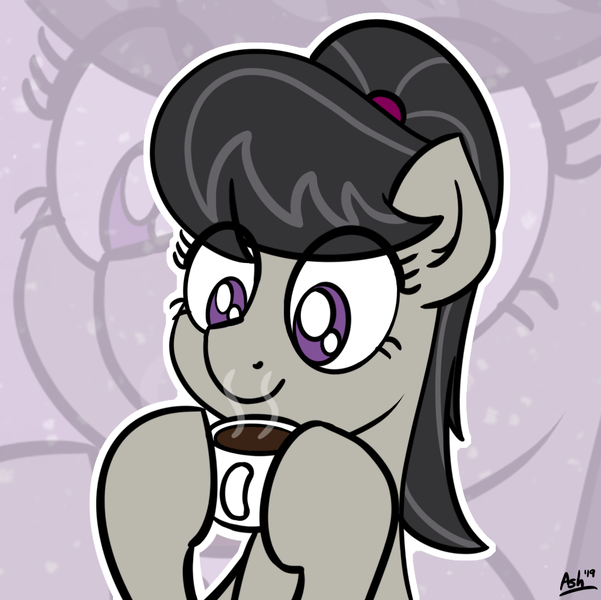 Size: 999x997 | Tagged: safe, artist:ashtoneer, derpibooru import, octavia melody, earth pony, pony, alternate hairstyle, cup, drink, female, hair tie, hoof hold, mare, mug, ponytail, solo, zoom layer