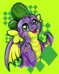 Size: 2020x2530 | Tagged: safe, artist:pingwinowa, derpibooru import, spike, dragon, baby, baby dragon, cute, fangs, freckles, green background, green eyes, happy, looking at you, male, mixed media, scales, signature, simple background, smiling, spikabetes, winged spike, wings