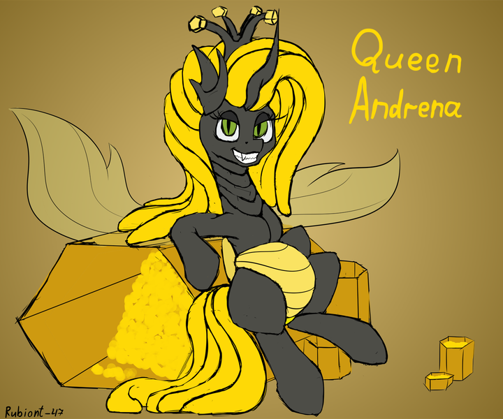 Size: 1500x1250 | Tagged: artist:rubiont, belly, changeling, changeling oc, changeling queen, changeling queen oc, derpibooru import, evolution, female, food, gradient background, grin, honey, honeycomb (structure), oc, oc:honeybee, oc:queen andrena, queen, safe, sitting, sketch, smiling, solo, unofficial characters only, yellow changeling