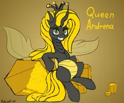 Size: 1500x1250 | Tagged: artist:rubiont, belly, changeling, changeling oc, changeling queen, changeling queen oc, derpibooru import, evolution, female, food, gradient background, grin, honey, honeycomb (structure), oc, oc:honeybee, oc:queen andrena, queen, safe, sitting, sketch, smiling, solo, unofficial characters only, yellow changeling