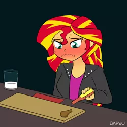 Size: 1000x1000 | Tagged: safe, artist:empyu, derpibooru import, sunset shimmer, equestria girls, 30 minute art challenge, clothes, female, glass, hot ones, hot wings, milk, reference, solo, spicy, youtube