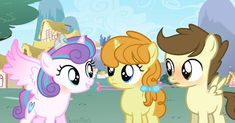 Size: 1080x565 | Tagged: safe, artist:poundcakemlp2000, derpibooru import, pound cake, princess flurry heart, pumpkin cake, alicorn, pegasus, pony, unicorn, blushing, colt, crush, cute, female, filly, flurrybetes, image, jpeg, male, older, poundflurry, shipping, straight