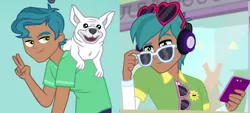 Size: 2372x1072 | Tagged: safe, derpibooru import, screencap, carlos thunderbolt, dog, eqg summertime shorts, equestria girls, mad twience, mirror magic, spoiler:eqg specials, background human, clothes, comparison, cropped, glasses, male, mobile phone, phone, smartphone, smiling, sunglasses, wood opal